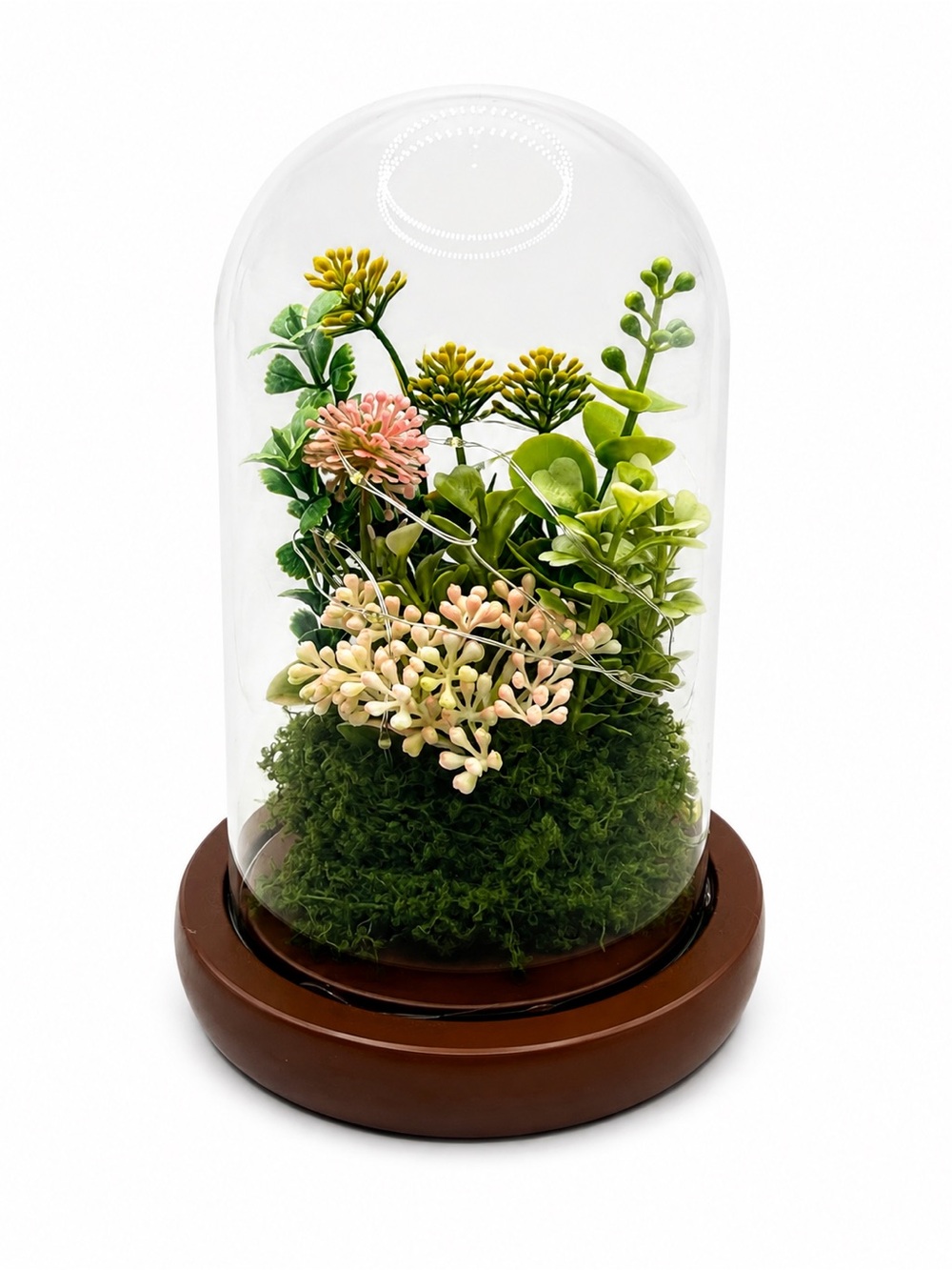 Festive Voice Dome Plant Light-Up Faux Floral Terrarium with Bird Sounds – 7”